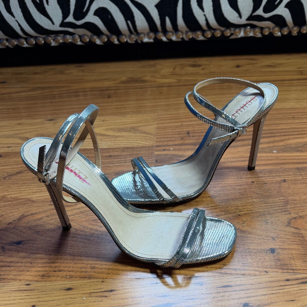 Schutz Altina Silver Lizard Embossed Leather Strappy Stiletto Sandals 8.5B